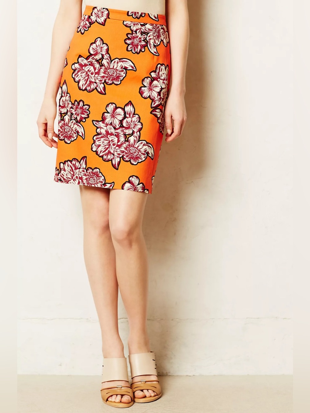 Maeve Orange Floral-Print Pencil Skirt